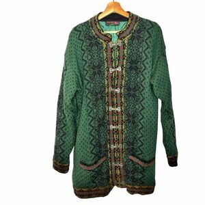 Windfjord of Norway  Wool Long Green Black Knit  Fair Isle Cardigan Coat